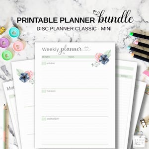 Disc Planner Printable Kit, Classic Size Undated Monthly Calendar, Mini 2 Page Weekly Insert, Lined Note Paper, Discbound Journal Refill