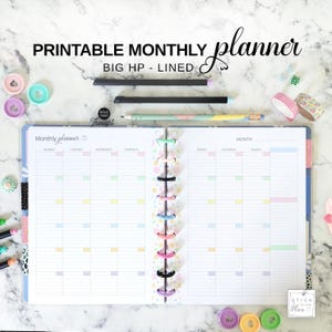 Planificador mensual Big Happy Planner con líneas, tamaño carta, imprimible en 2 páginas, calendario mensual sin fecha en tonos pastel, diario con tapa dura.