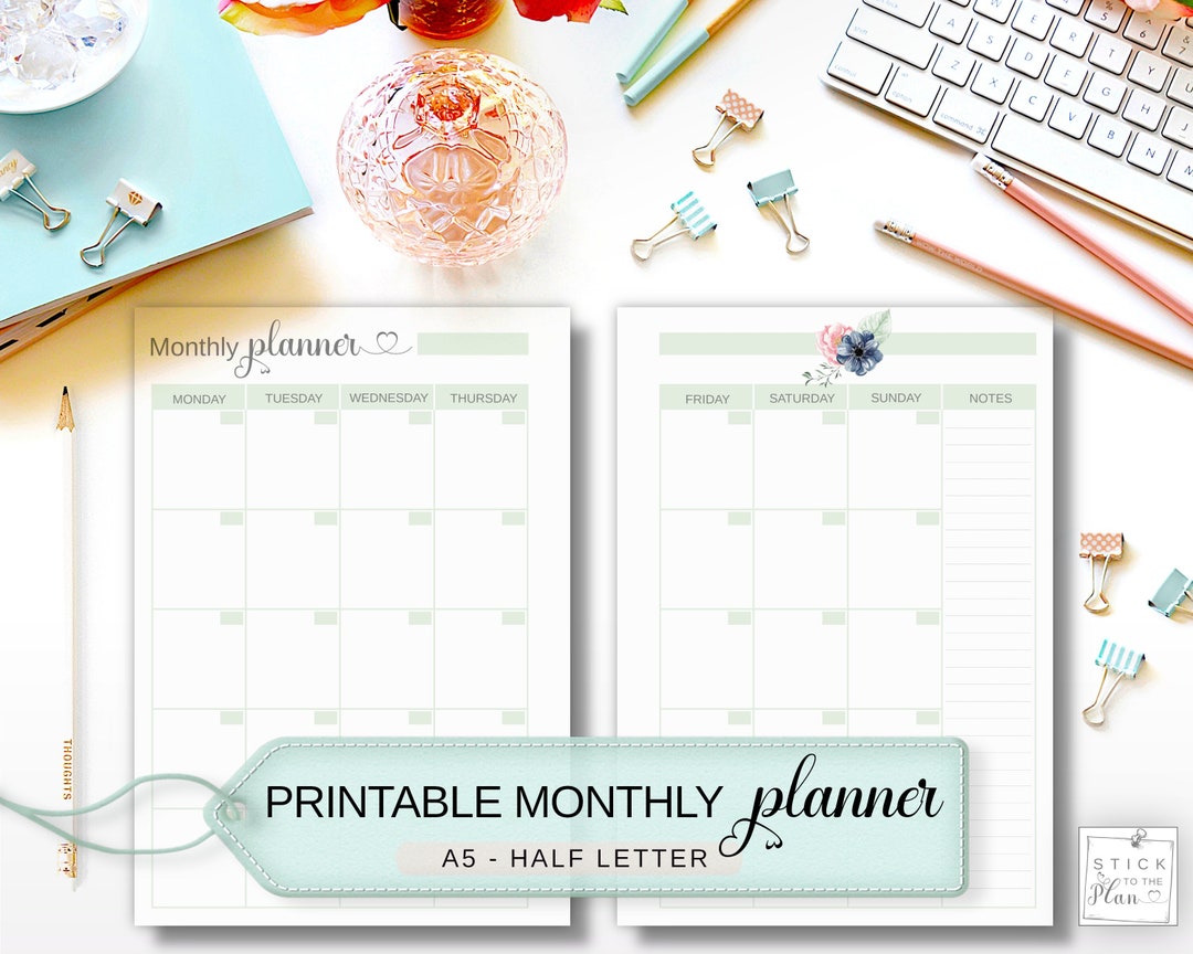 A5 Monthly Calendar Printable Month on Two Pages Half Letter - Etsy