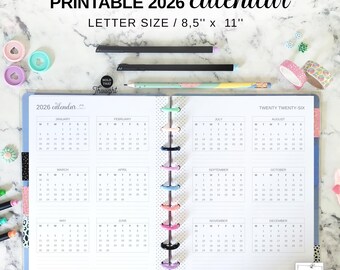 11 Disc Planner 2026 Yearly Calendar Insert Fit Big Happy Planner, Printable Letter Size 2 Page Year at a Glance, Discbound Future Log
