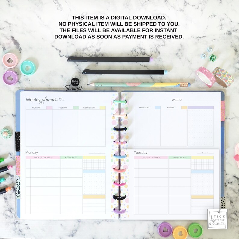 May include: A pastel-colored weekly planner with a blue cover, open to display the Monday and Tuesday sections. The planner includes sections for daily schedules and resources. The image also shows pens, washi tape, and decorative paper clips.