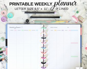 Planificador semanal vertical con líneas, compatible con Big Happy Planner, tamaño carta imprimible, sin fechas, semana en 2 páginas, calendario de un vistazo