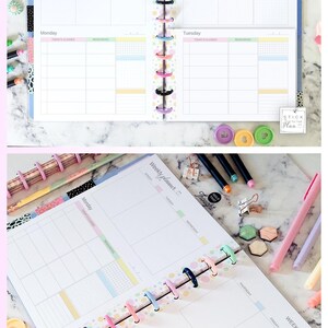 May include: Printable Teacher Dutch Doors planner with a colorful design. The planner is letter size 8.5 x 11 inches and features sections for weekly planning, including space for Monday through Friday, and a weekly reflection section.