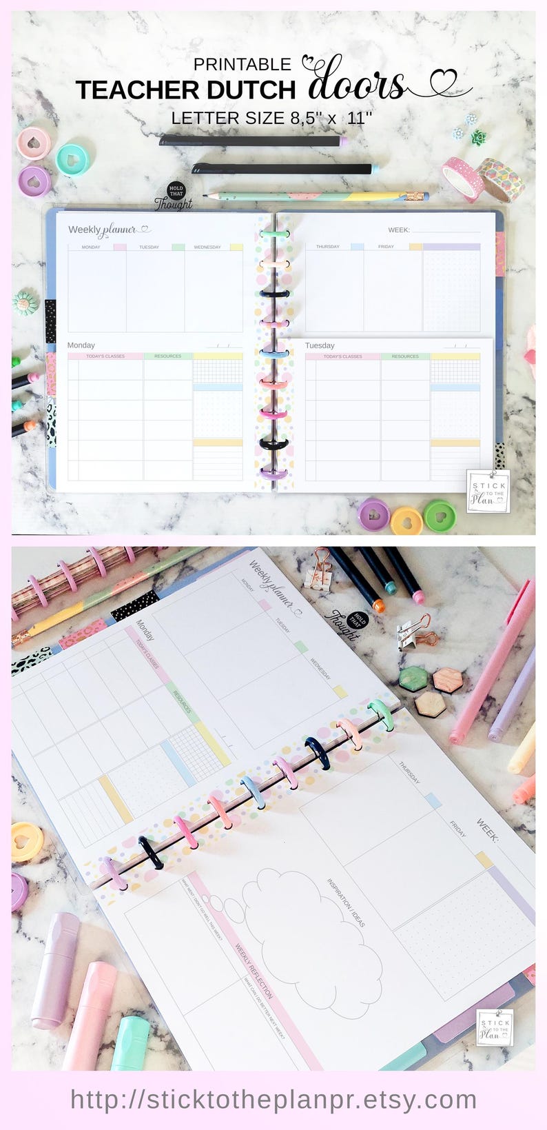 May include: Printable Teacher Dutch Doors planner with a colorful design. The planner is letter size 8.5 x 11 inches and features sections for weekly planning, including space for Monday through Friday, and a weekly reflection section.