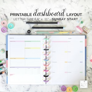Könnte beinhalten: Ein druckbares Dashboard-Layout-Planer mit dem Text "PRINTABLE dashboard LAYOUT LETTER SIZE 8,5" x 11" - SUNDAY START". Der Planer ist geöffnet und zeigt Abschnitte für To-Do-Listen, Termine und Notizen. Der Planer wird mit einer farbenfrohen Scheibenbindung zusammengehalten.
