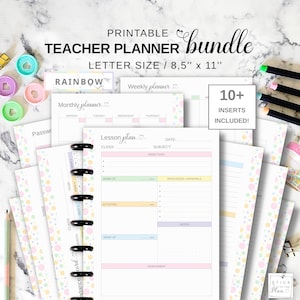 May include: A printable teacher planner bundle with various inserts, including weekly, monthly, and lesson plan pages. The planner is letter size, 8.5" x 11", and features a rainbow theme with pastel colors and polka dots. Includes over 10 inserts.