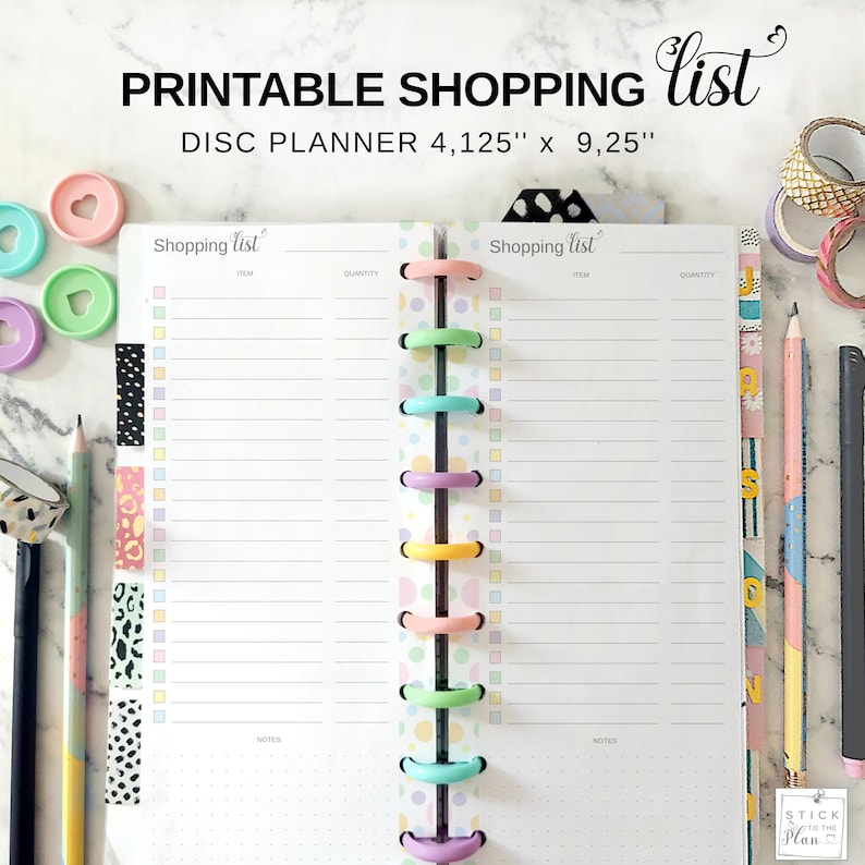 Lista de la compra imprimible para planificador de discos, compatible con Happy Planner Skinny Classic, media hoja, recambio para planificador de discos en tonos pastel imagen 1