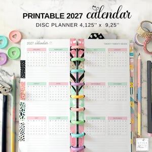 Disc Planner 2027 Jahreskalender, druckbare Einlage, passend für Happy Planner Skinny Classic, Jahresübersicht auf einem halben Blatt, Zukunftslogbuchseiten in Pastellfarben