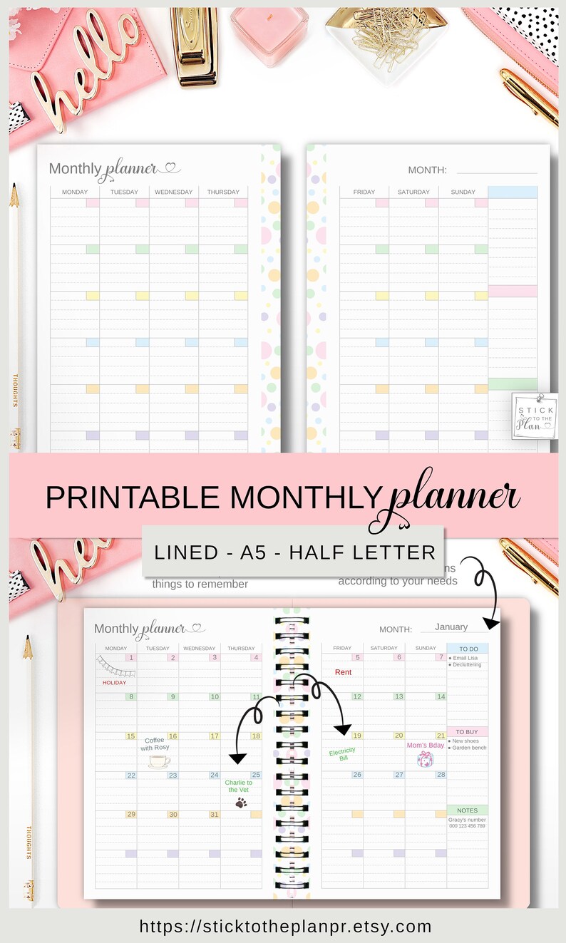 Lined Monthly Planner Printable A5 Insert, Half Letter Monthly Calendar ...