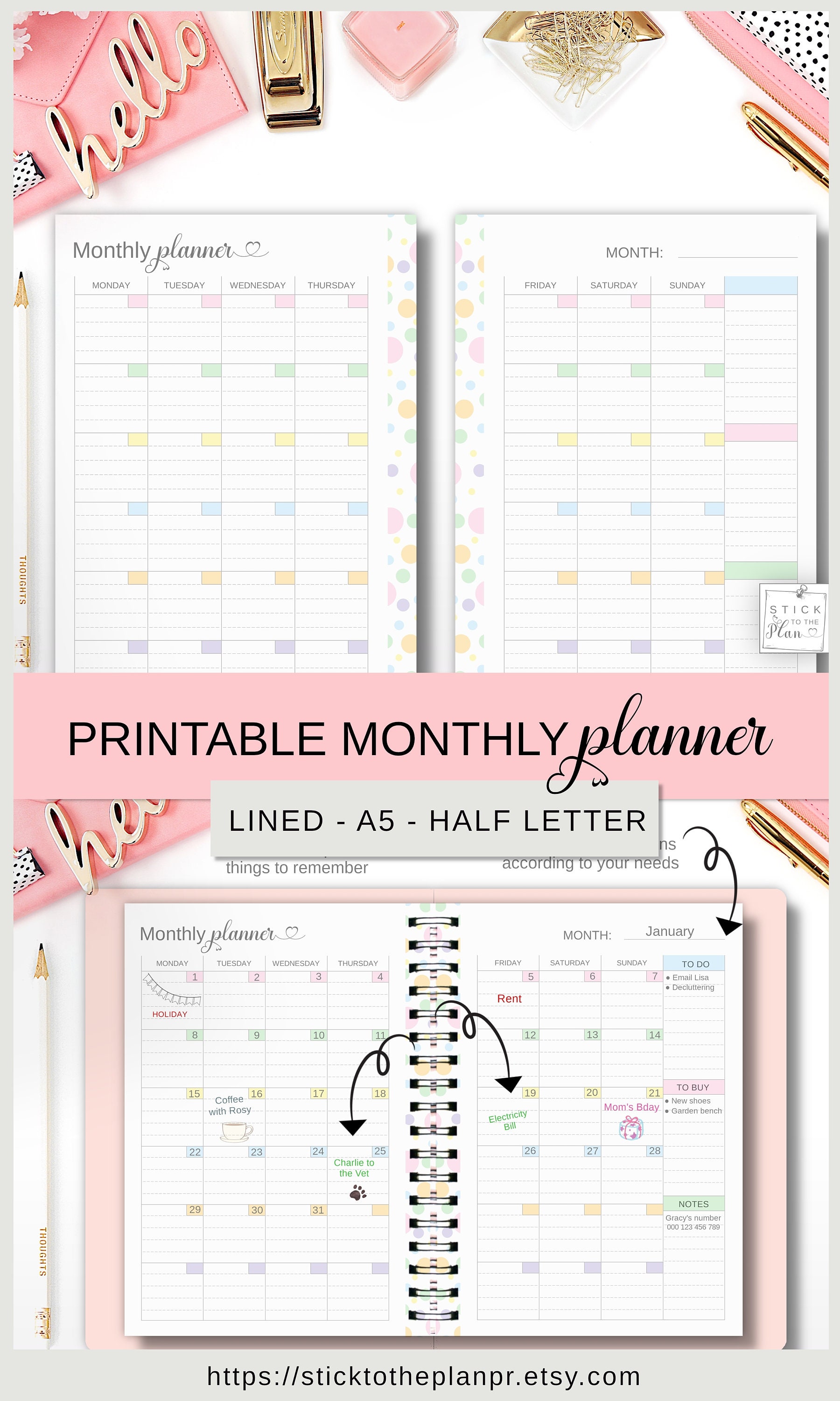 Lined Monthly Planner Printable A5 Insert, Half Letter Monthly Calendar
