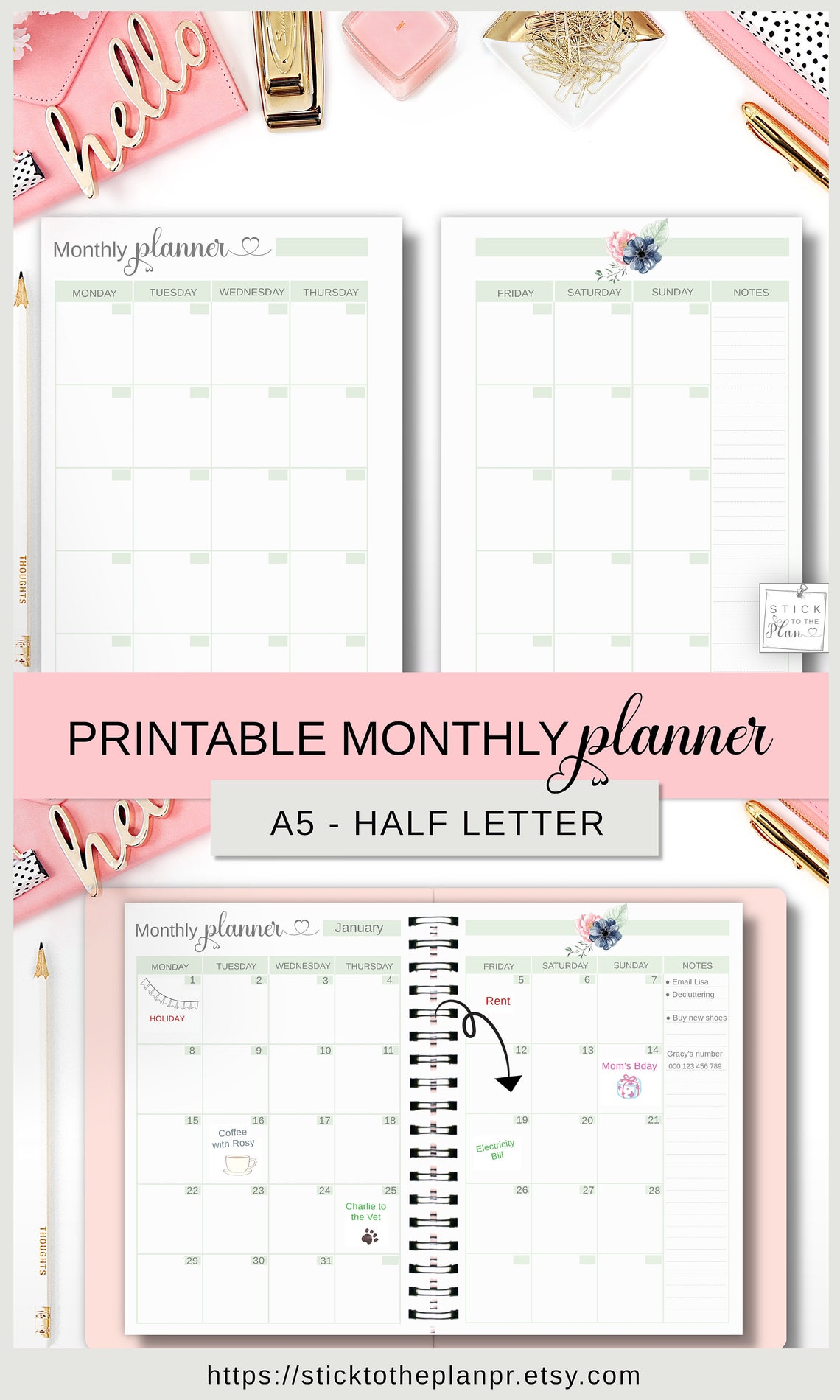 A5 Monthly Calendar, Printable Month on Two Pages, Half Letter Planner ...