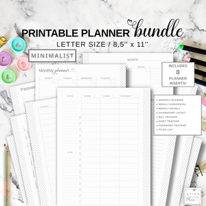 Könnte beinhalten: Ein minimalistisches, druckbares Planer-Bundle mit Einsätzen im Letter-Format 8,5" x 11". Das Bundle enthält 8 Planer-Einsätze, wie z. B. Monats-, Wochen- und Gewohnheits-Tracker. Das Design ist überwiegend weiß mit einem gepunkteten Rand.
