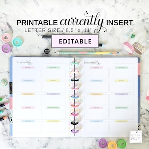May include: A printable planner insert with the text "PRINTABLE currently INSERT" and "EDITABLE". The planner has a letter size of 8.5" x 11" and features sections for tracking activities like reading, watching, and buying. The planner is open and has colorful dividers.