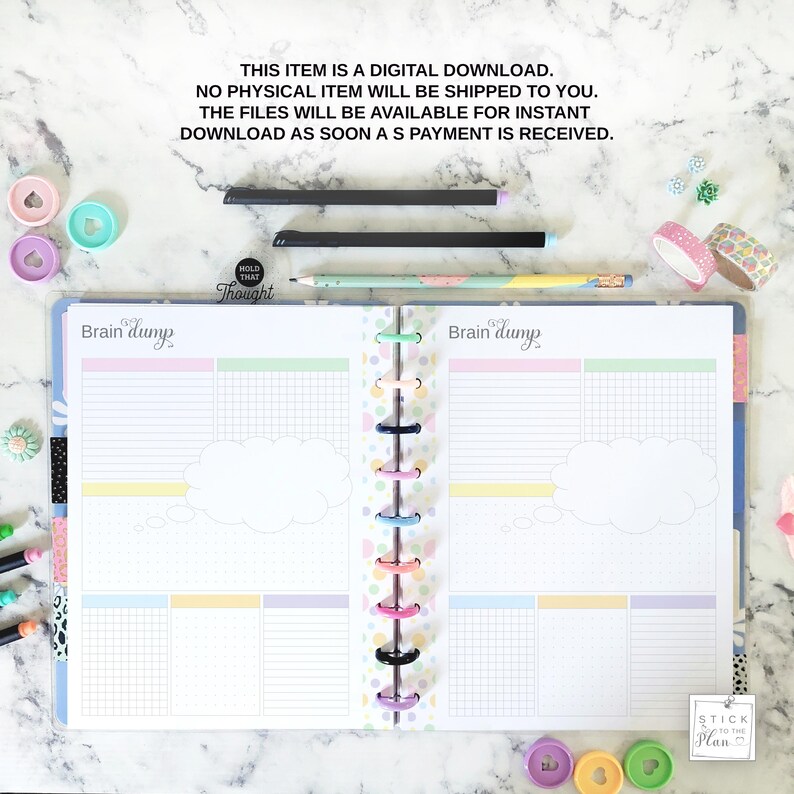 May include: A disc-bound planner open to two pages labeled Brain dump, featuring pastel-colored grid and lined sections, a central cloud graphic, and a colorful spine. Text reads: THIS ITEM IS A DIGITAL DOWNLOAD. NO PHYSICAL ITEM WILL BE SHIPPED.