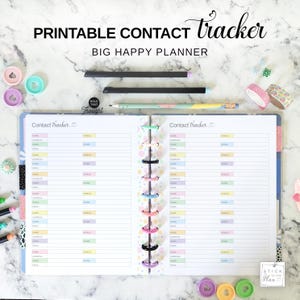 Planificador Big Happy: Inserto imprimible para seguimiento de contactos, hojas tamaño carta para lista de contactos, recambio para libreta de direcciones, seguimiento de correos electrónicos y números de teléfono en tonos pastel.