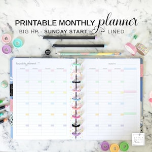 Inserto de planificador mensual grande con líneas de inicio de domingo, calendario mensual imprimible tamaño carta de 2 páginas sin fecha, recarga de vista general del mes en colores pastel