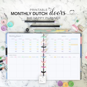 Inserto imprimible mensual de planificador "Big Happy" de Dutch Doors, tamaño carta, vista general del mes con páginas semanales verticales, calendario mensual de 2 páginas