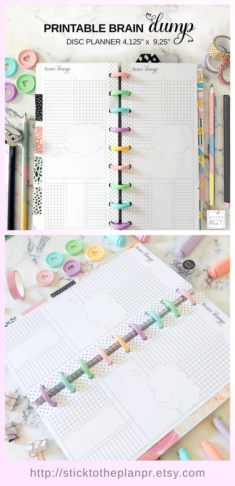 May include: Printable Brain Dump disc planner, 4.125" x 9.25", with a grid and cloud-shaped areas for notes. The planner is held together with colorful disc binding. Accessories include pens, washi tape, and heart-shaped paper clips.