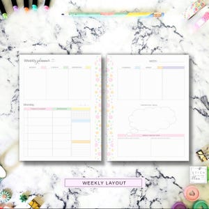 May include: Two-page weekly planner with pastel color accents. The left page features a Monday schedule, while the right page includes space for inspiration and weekly reflection. The text "Weekly Layout" is at the bottom.