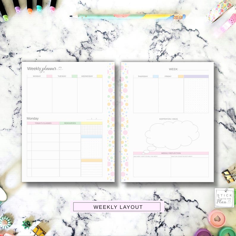 May include: Two-page weekly planner with pastel color accents. The left page features a Monday schedule, while the right page includes space for inspiration and weekly reflection. The text "Weekly Layout" is at the bottom.