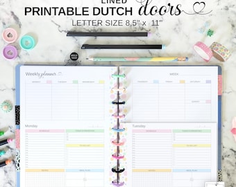 May include: A printable Dutch door weekly planner with lined pages. The planner is letter size 8.5" x 11" and features sections for each day of the week, with space for schedules, priorities, to-do lists, notes, and meal plans. Includes colorful accents.
