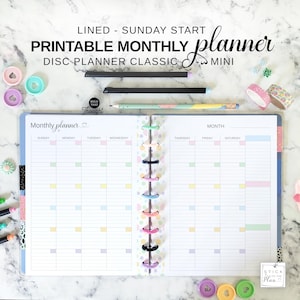 Sunday Start Monthly Insert Fit Happy Planner Classic & Mini, Lined Disc Planner Printable Undated 2 Page Monthly Calendar at a Glance