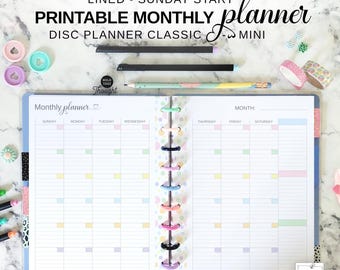Sunday Start Monthly Insert Fit Happy Planner Classic & Mini, Lined Disc Planner Printable Undated 2 Page Monthly Calendar at a Glance