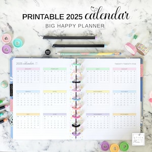 Calendario anual 2025 imprimible, inserto de planificador grande Happy Planner, tamaño carta, arcoíris pastel, resumen del año en dos páginas, registro del futuro 2025