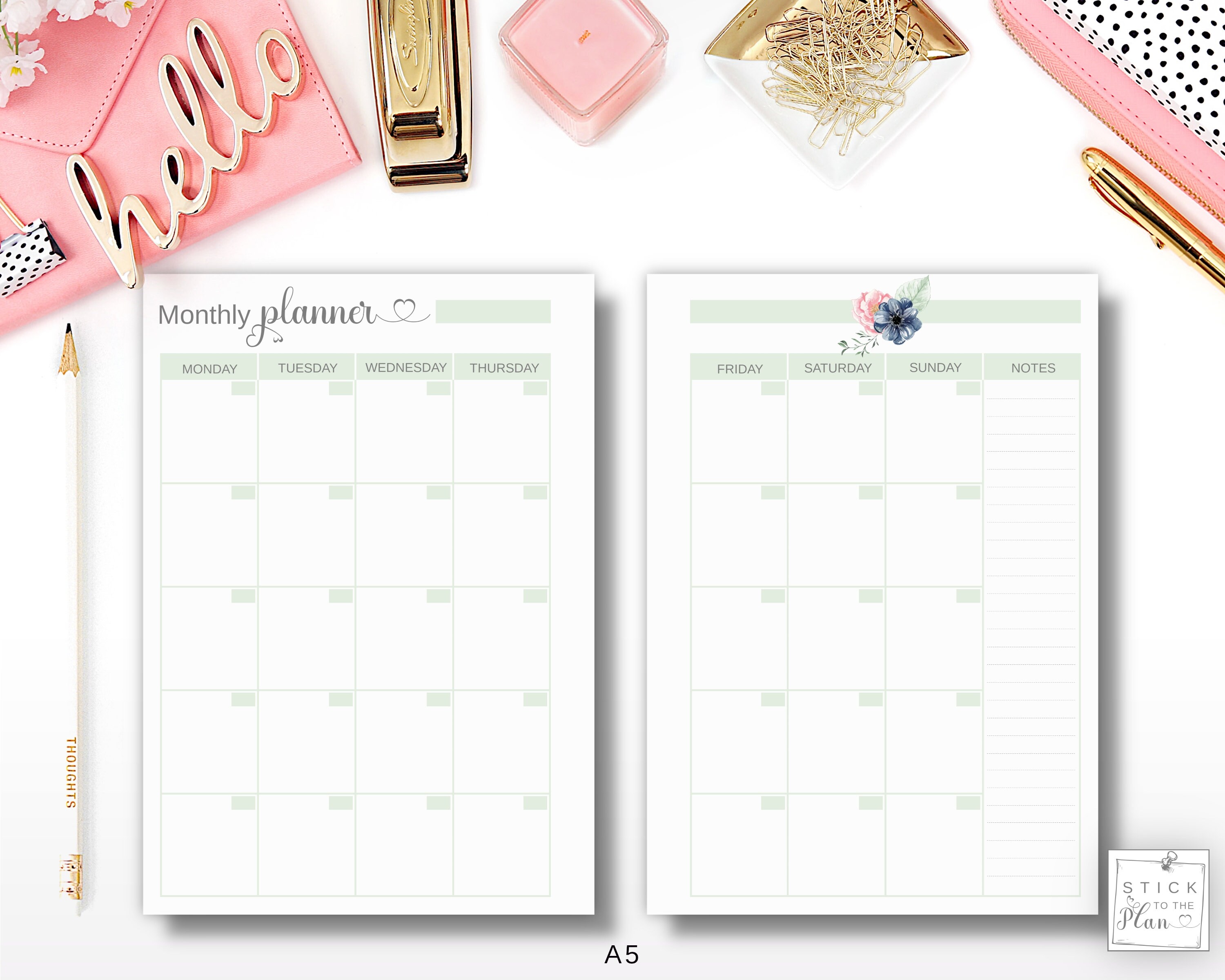 A5 Monthly Calendar, Printable Month on Two Pages, Half Letter Planner ...