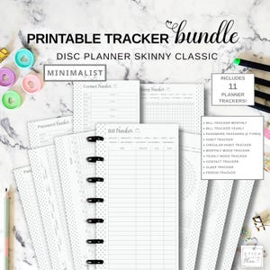 May include: A minimalist printable tracker bundle for disc planners. The bundle includes 11 planner trackers, such as bill, password, habit, and sleep trackers. The pages are white with black polka dots and are held together with black disc binding.