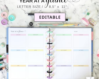 Yearly Calendar Editable Insert Fit Big Happy Planner, Undated Letter Size Fillable & Printable 2 Page Year at a Glance, End of Year Review