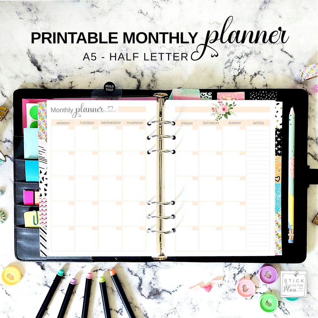 Month on 2 Pages A5, Printable Monthly Calendar, Half Letter Planner ...