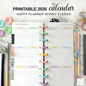 2026 Jahreskalender 2026 Printable Happy Planner Skinny Classic Insert, HP Halbe Blätter Pastell Rainbow Jahr auf einen Blick, 2026 Future Log Seiten