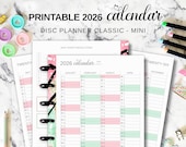 Yearly Calendar 2026 Fit Happy Planner Classic & Mini Insert, Disc Planner Printable Pastel Color Year at a Glance with 4 Months to a Page