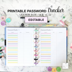 Inserto para registro de contraseñas, compatible con la agenda Big Happy Planner, tamaño carta, editable, rellenable e imprimible. Libro para guardar contraseñas, sitios web y nombres de usuario.