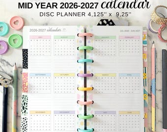 July To June Calendar 2026 2027, Mid Year Printable Planner Insert Fit Happy Planner Skinny Classic, Half Sheet Future Log Pastel Colors
