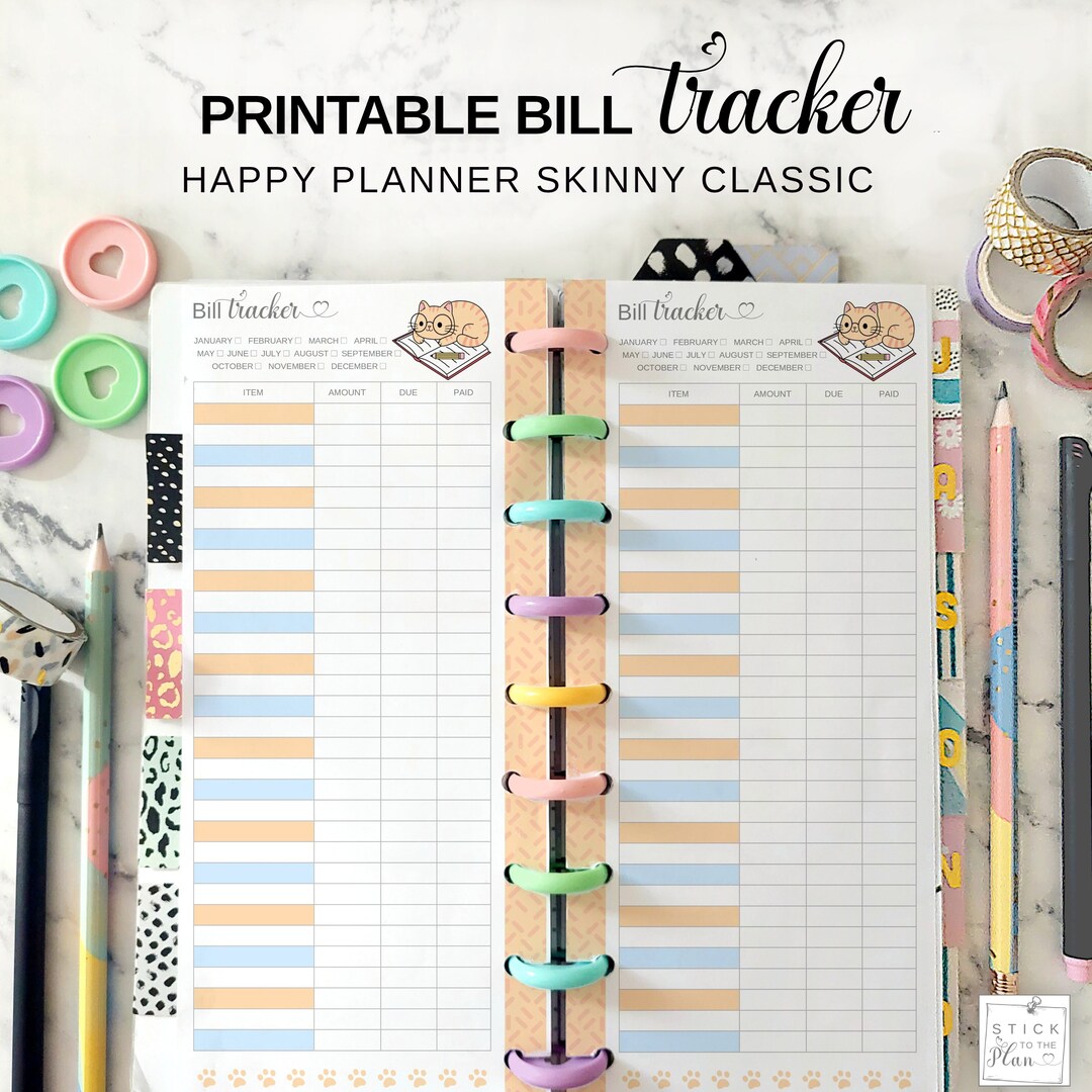 Bill Tracker Skinny Classic Happy Planner Insert, Printable Cat Themed ...