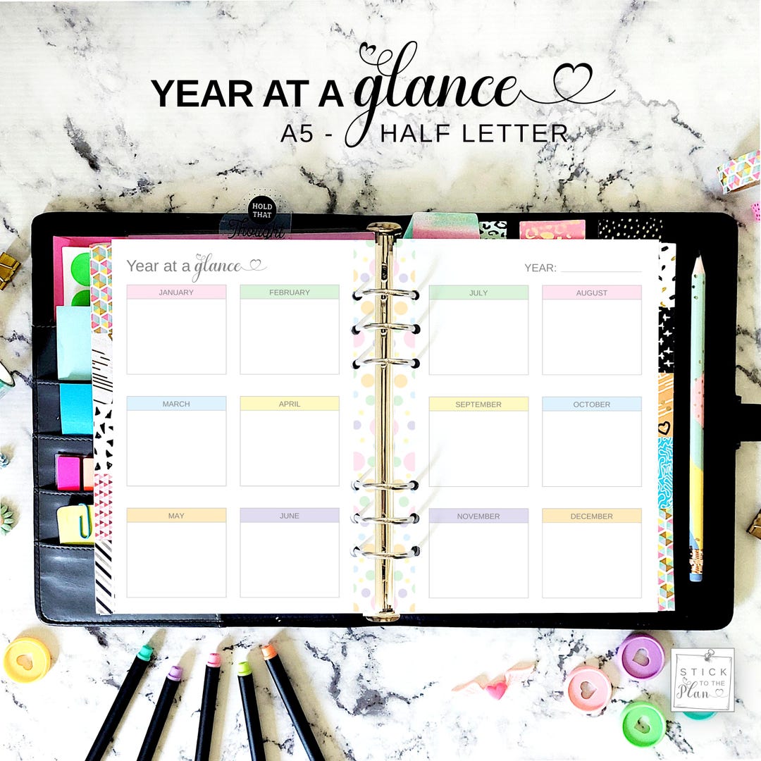 Undated Yearly Planner A5 Insert, Half Letter Printable Year at a ...