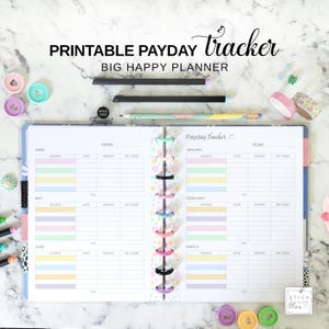 Planificador de ingresos anual con seguimiento de sueldos, hoja imprimible tamaño carta, página de planificación financiera con tapa dura en tonos pastel.