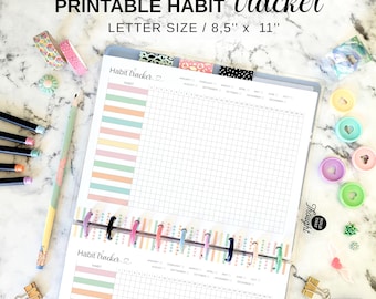 Plantilla para seguimiento de hábitos compatible con Big Happy Planner, página imprimible tamaño carta para seguimiento de hábitos con 11 discos, recambio de colores para encuadernación con discos.