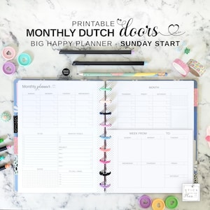 Inserto imprimible de planificador mensual grande de Dutch Doors Happy, calendario de 2 páginas sin fecha, tamaño carta, con páginas semanales y vista de mes con inicio en domingo