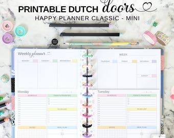 Dutch Doors Happy Planner Classic Mini, Printable Undated Week on Two Pages with Daily Planner Inserts, Pastel Vertical Weekly Spread Refill