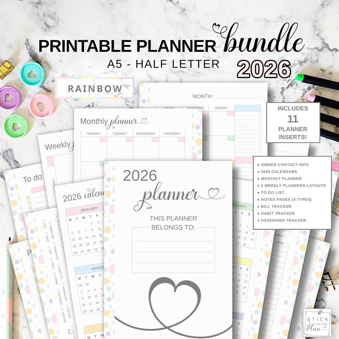 A5 Planner Inserts, Half Letter Printable Cover, 2026 Year Monthly ...