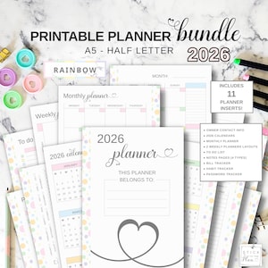 Insertos para agenda A5, portada imprimible tamaño media carta, calendario mensual y semanal del año 2026, rastreador de hábitos de contraseñas de facturas, páginas de notas y lista de tareas.