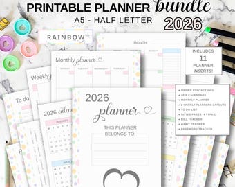 A5 Planner Inserts, Half Letter Printable Cover, 2026 Year Monthly Weekly Calendar, Bill Password Habit Tracker, Notes To Do List Pages