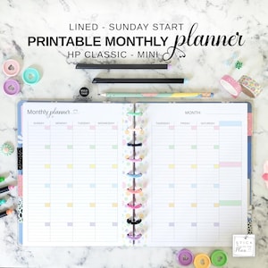 Sunday Start Monthly Happy Planner Classic Insert,  Lined Mini HP Printable Undated 2 Page Monthly Calendar, Pastel Month at a Glance Refill