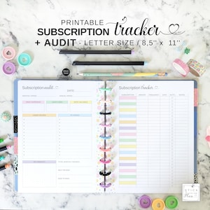 Rastreador y auditoría de suscripciones, compatible con Big Happy Planner, inserto imprimible para planificador de presupuesto, planificador de 11 discos tamaño carta.