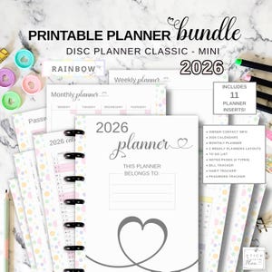 Bundle of Printable Disc Planner Inserts Fit Happy Planner Classic & Mini, 2026 Yearly Calendar, Monthly Weekly Pages, Bill Habit Tracker
