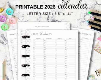 Jaarkalender 2026 11 schijfplanner invoegen fit grote gelukkige planner, letter-formaat afdrukbaar jaar in één oogopslag navulling, ingebonden toekomstig logboek