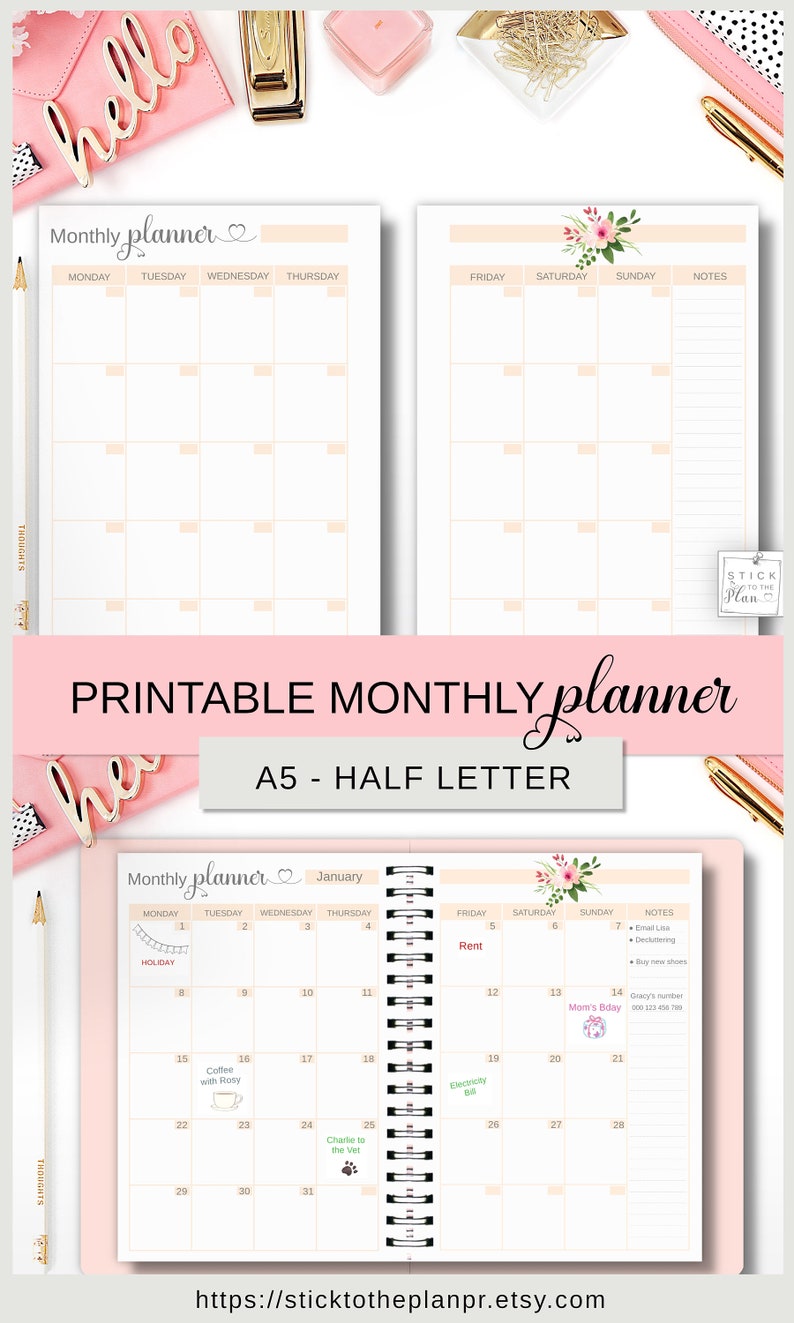 Month on 2 Pages A5 Printable Monthly Calendar Half Letter - Etsy